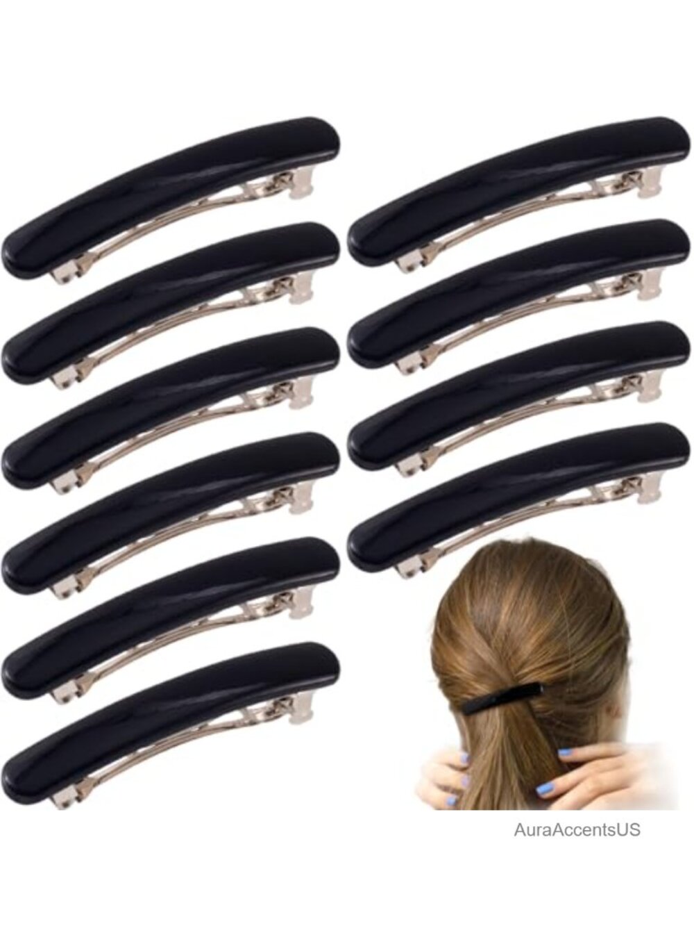 10 Pcs French Barrette Hair Clips Women Metal Spring Plastic Black